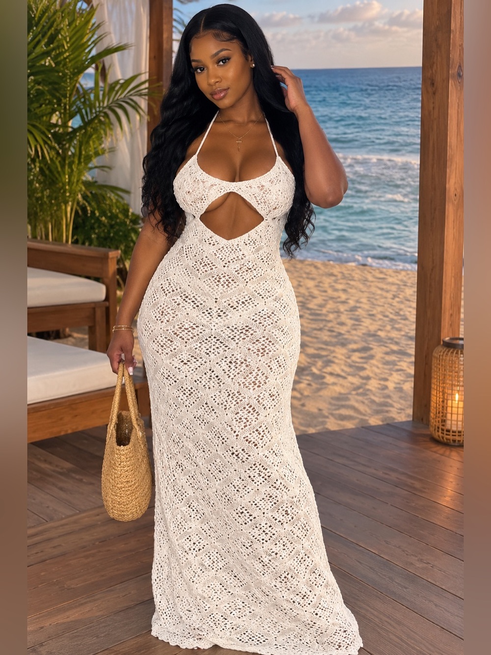 White Crochet Halter Dress